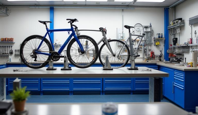 Sala di montaggio professionale con attrezzi Park Tool e telaio in titanio